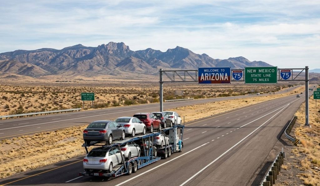 Vermont to California car shipping truck on interstate highway showing cross-country auto transport journey across USA.