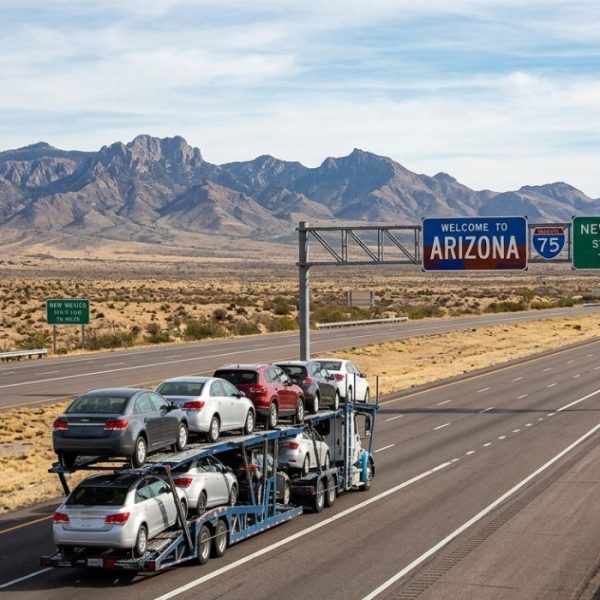 Vermont to California car shipping truck on interstate highway showing cross-country auto transport journey across USA.