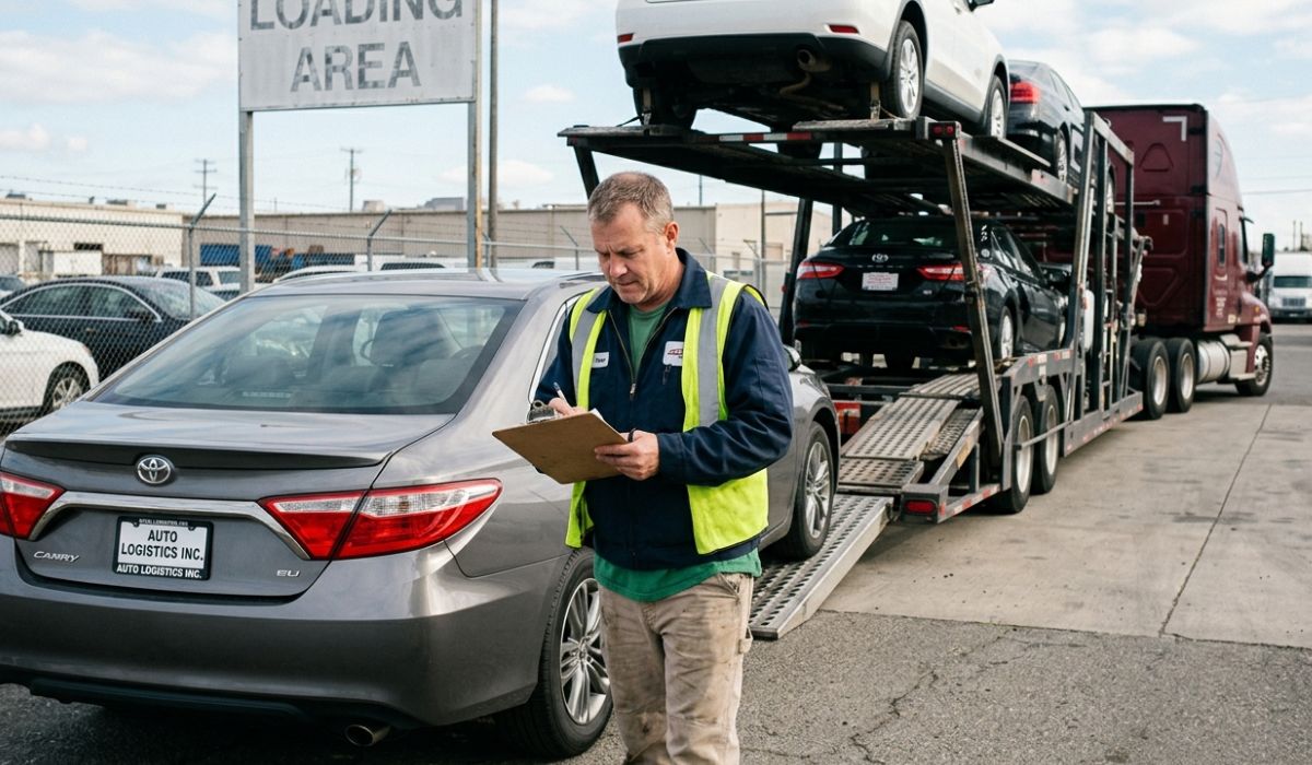 Chicago vehicle transport service with professional auto transport experts loading cars onto a secure transport carrier