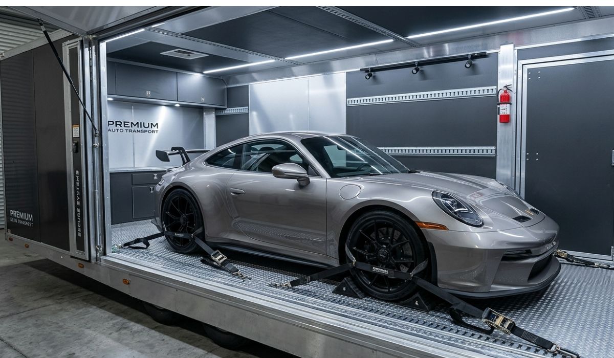 Enclosed Santa Cruz car shipping trailer transporting luxury car safely with full weather protection.