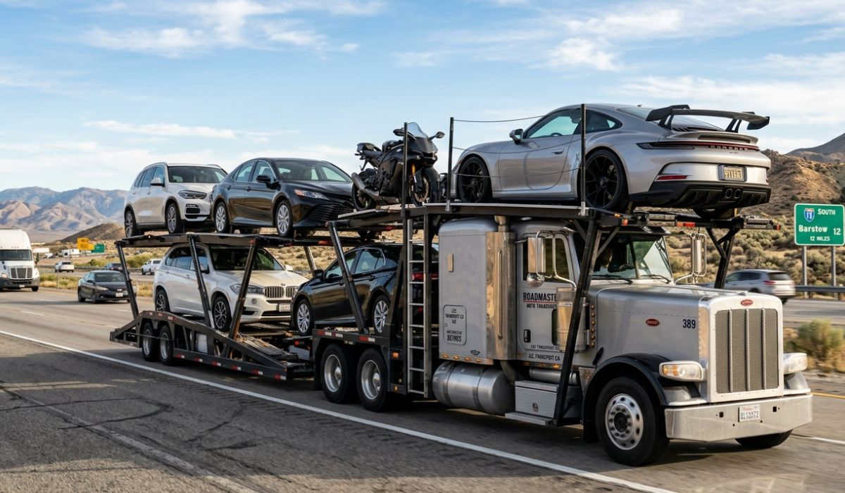 Oakland car shipping process with open carrier transporting cars across California highways for long distance vehicle delivery