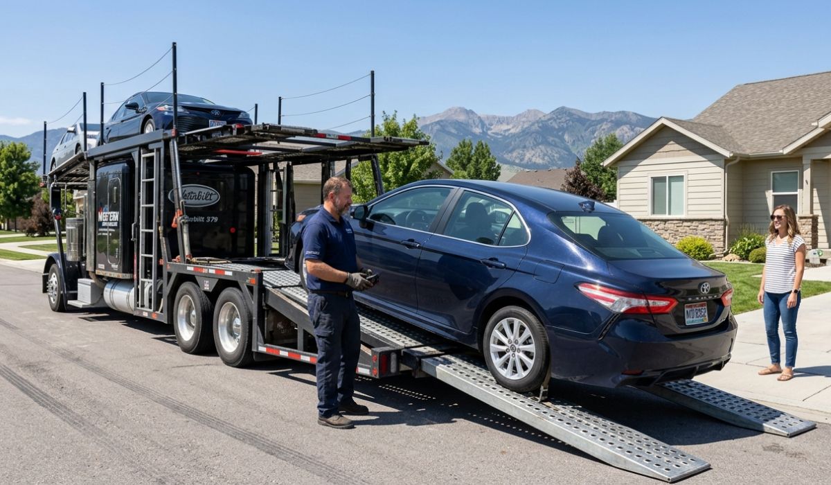 Atlanta car shipping truck loading vehicles for nationwide auto transport in Georgia