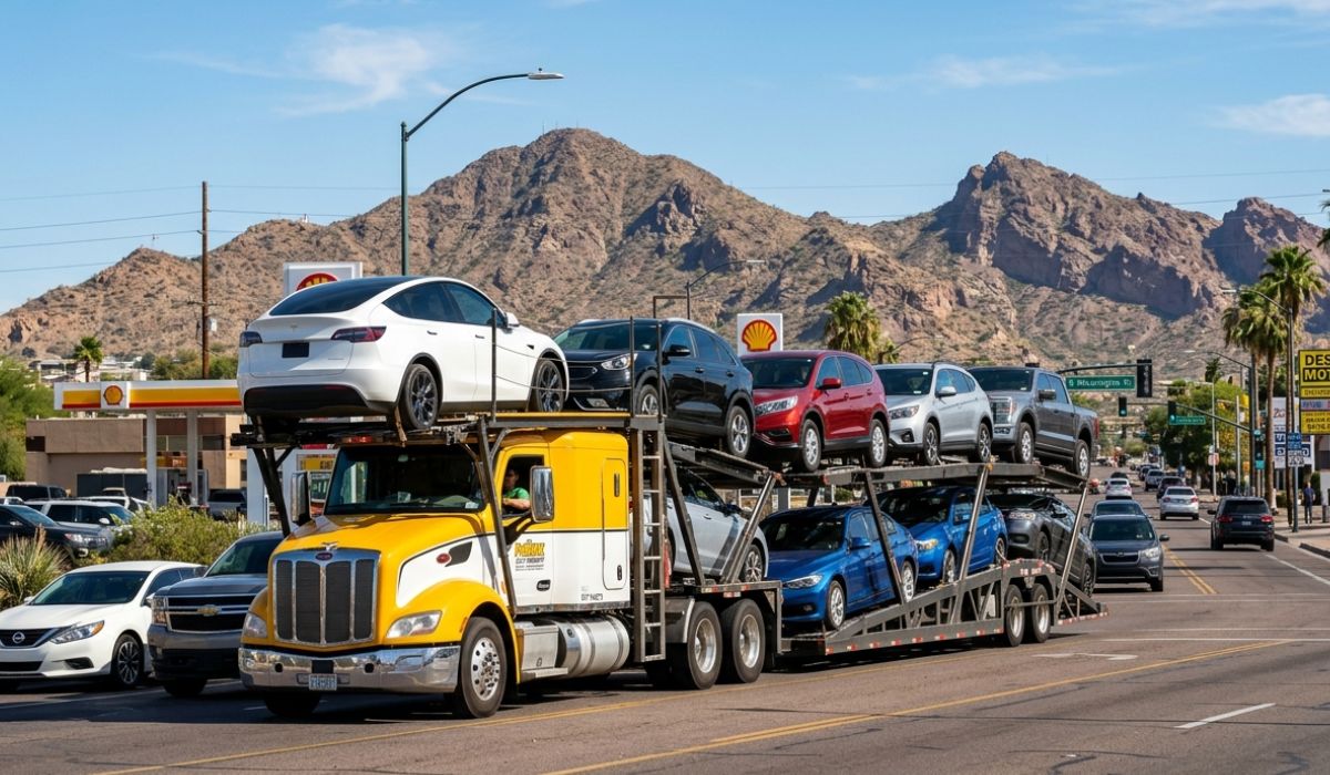Auto transport Georgia to Colorado showing open carrier loading cars for cross country delivery service