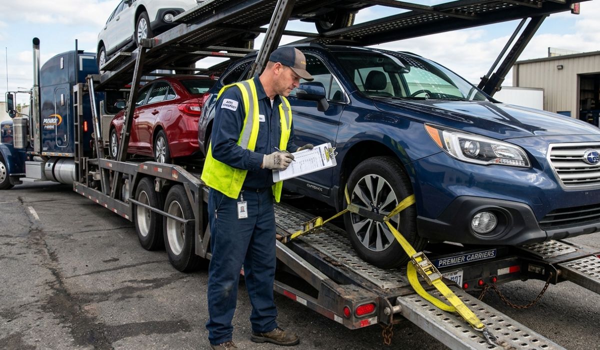 Auto transport logistics team handling Florida to Pennsylvania car shipping with vehicle inspection and documentation
