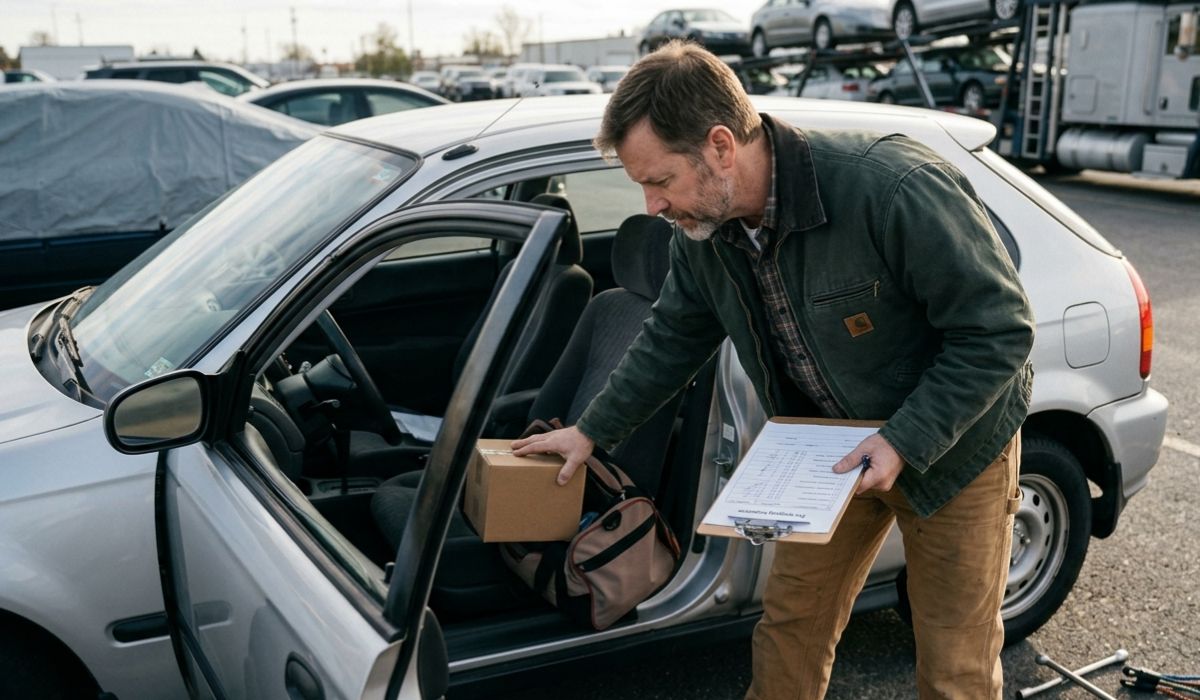 Baltimore auto transport driver inspecting vehicle before pickup showing step by step car shipping process with safety checklist