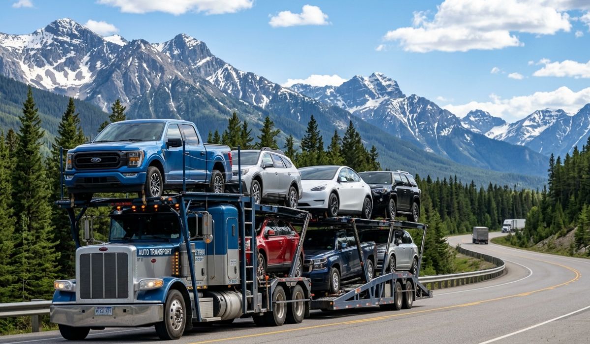 California car shipping process showing multiple cars loaded on open carrier transport for interstate delivery