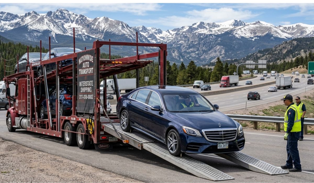 Car being loaded onto a transport truck for Alaska to California car shipping service at a shipping terminal