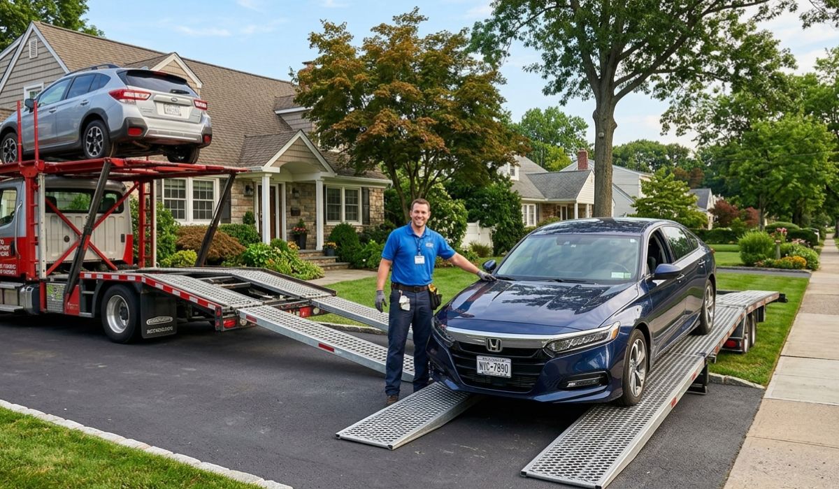 Car being unloaded from transport truck at California delivery location after Tennessee to California car shipping process