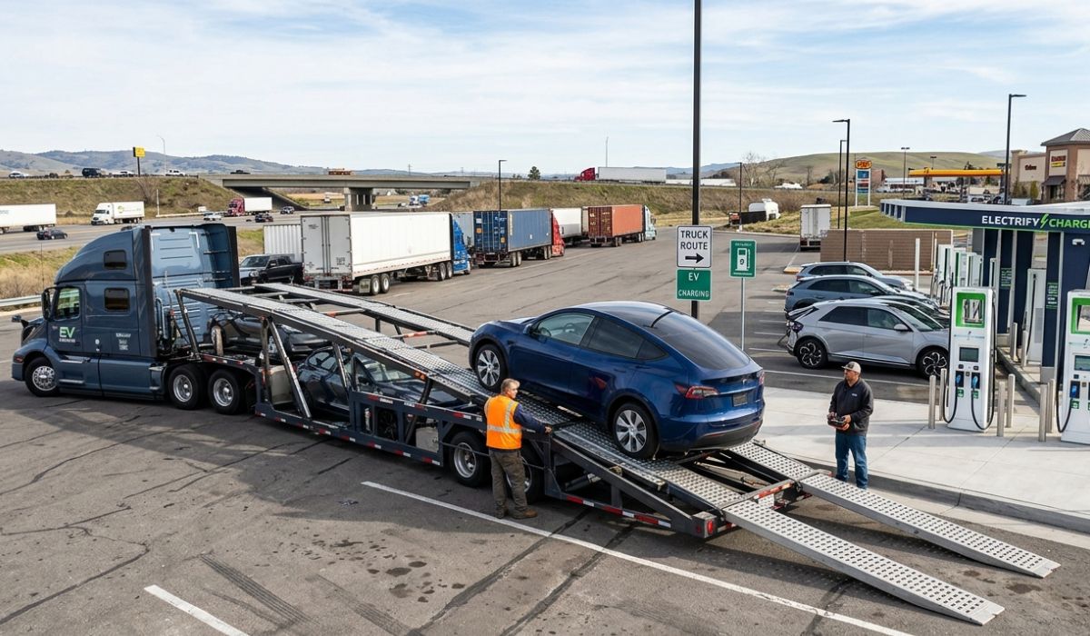 Car being unloaded from transport truck upon arrival after shipping from North Carolina to New York city destination