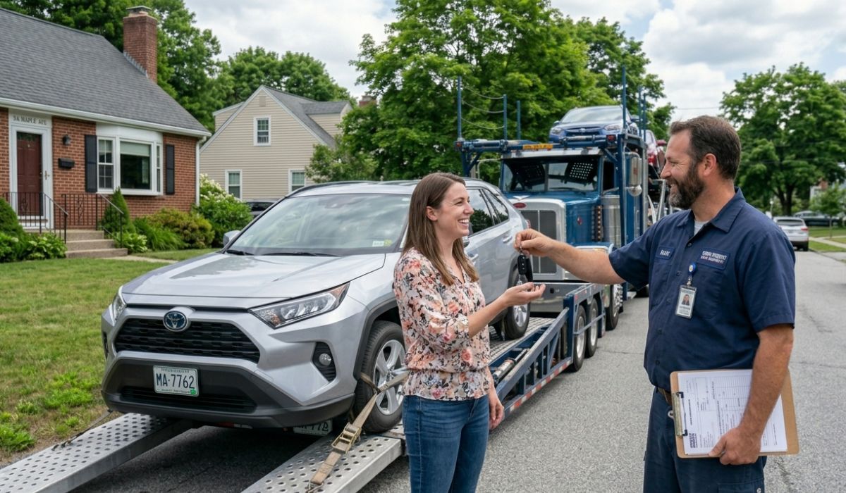 Car carrier truck delivering a sedan at a residential home in North Carolina for door-to-door auto shipping service.