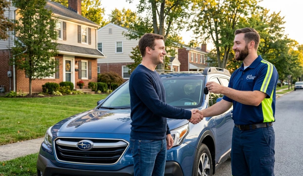Car delivery at destination showing Portland car shipping completion with professional driver handing over vehicle after safe transport process