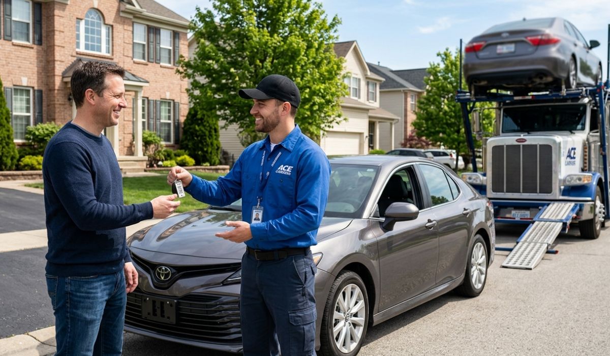 Car delivery Oregon to California showing vehicle unloading at customer destination safely