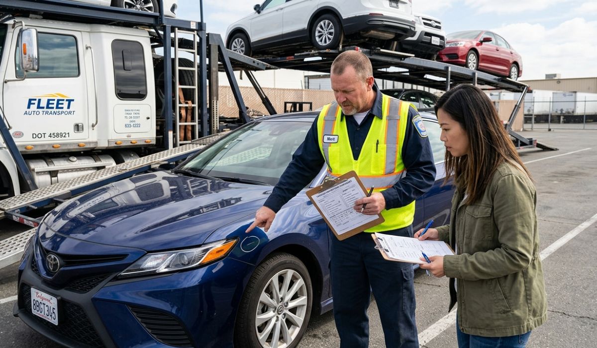 Car delivery service Boca Raton showing final vehicle inspection report and safe unloading after interstate vehicle shipping completion