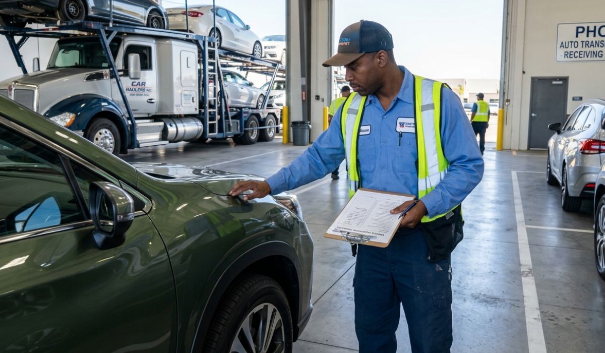Car inspection process before Florida to Michigan car shipping showing documentation and vehicle condition check