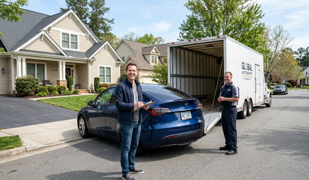 Car pickup at home in Texas for Texas to Pennsylvania car shipping with professional carrier loading vehicle