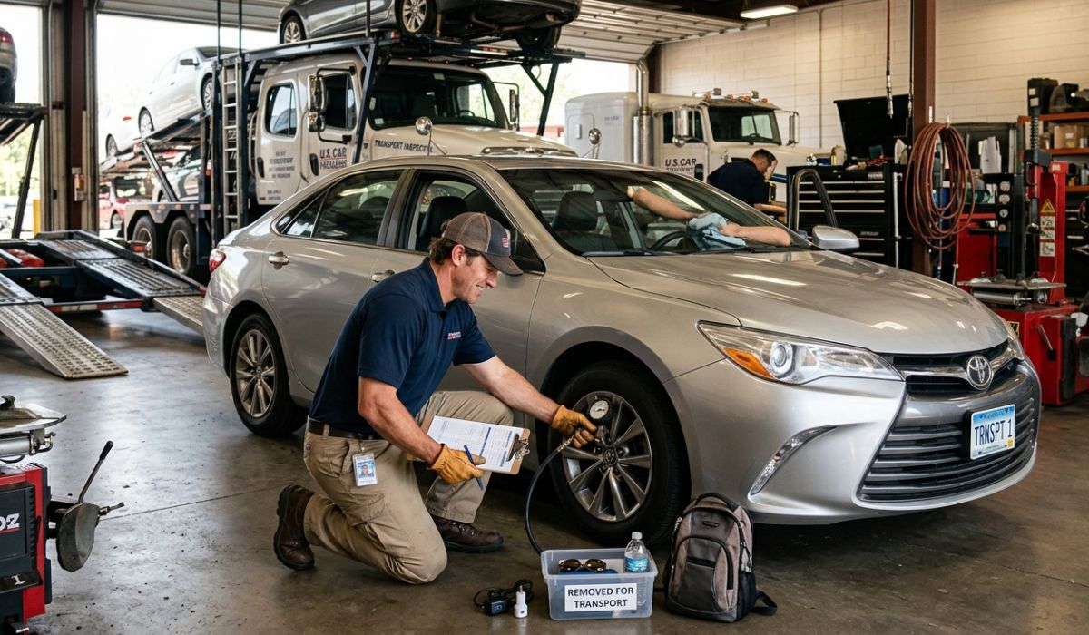 Car shipping Boston delivery process with driver and customer inspecting car condition before handover