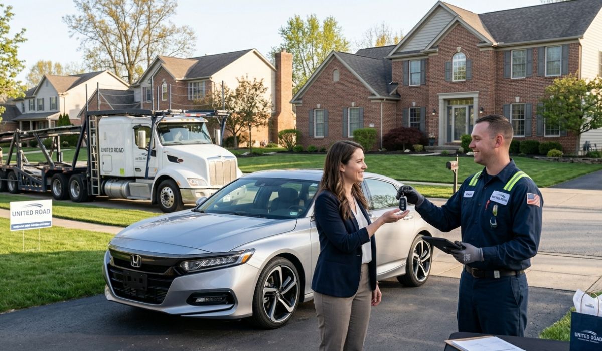 Car shipping Boston door to door pickup with professional auto transport carrier loading car safely in Boston