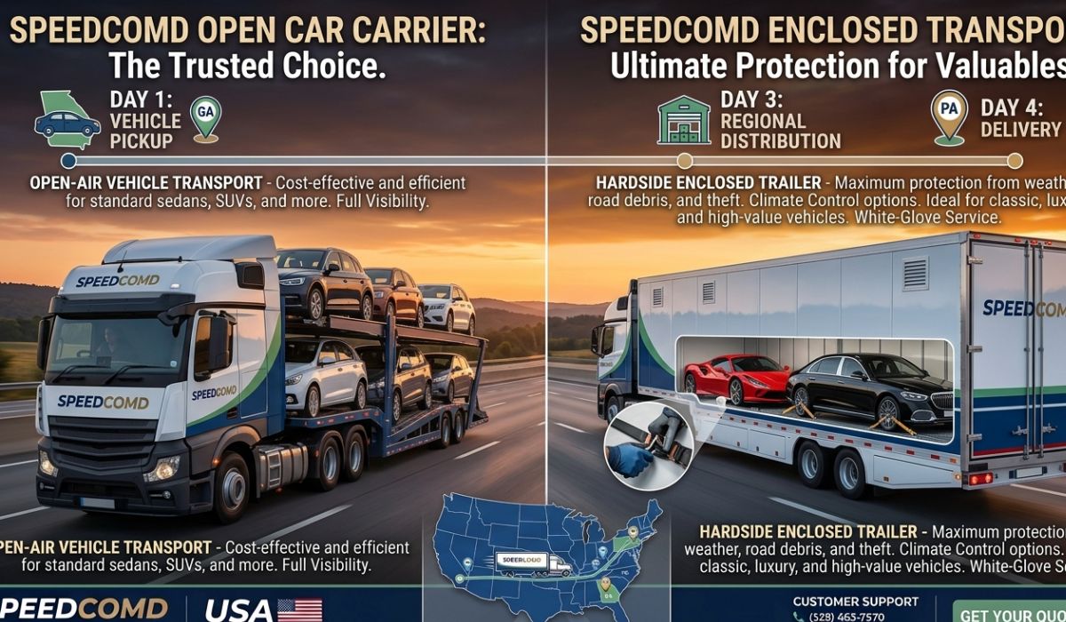 Car shipping Boston open carrier and enclosed trailer comparison showing vehicle protection methods in USA transport