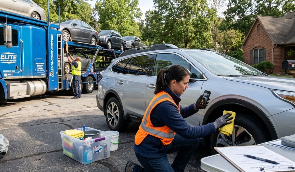 Car shipping Milwaukee inspection process showing driver documenting vehicle condition before transport.