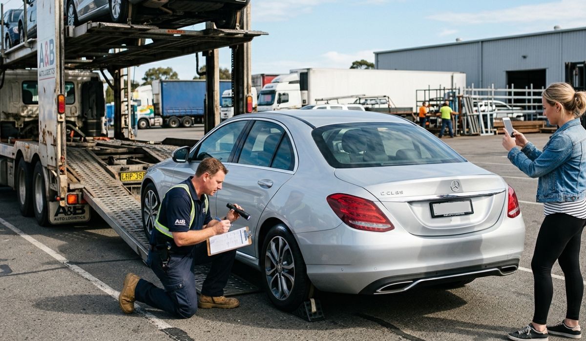 Car transport San Diego CA loading process showing professional driver securing vehicle on transport carrier for safe long distance auto shipping