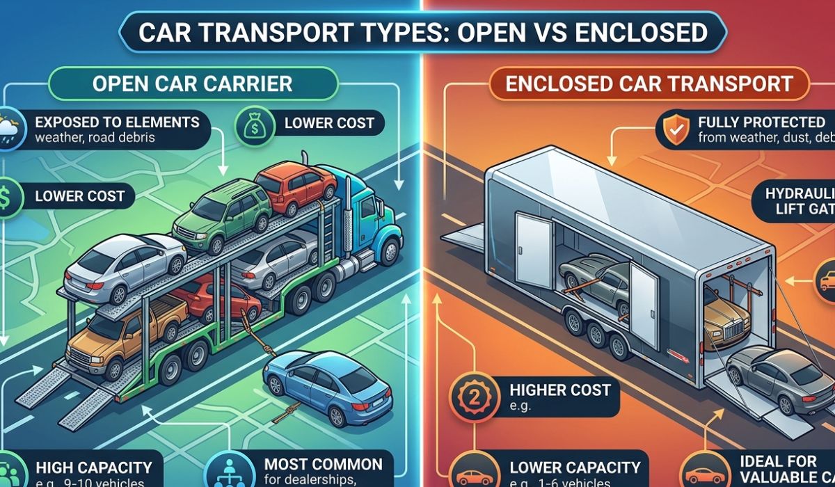 Comparison of open and enclosed car carriers used in auto transport Orlando showing vehicle protection options