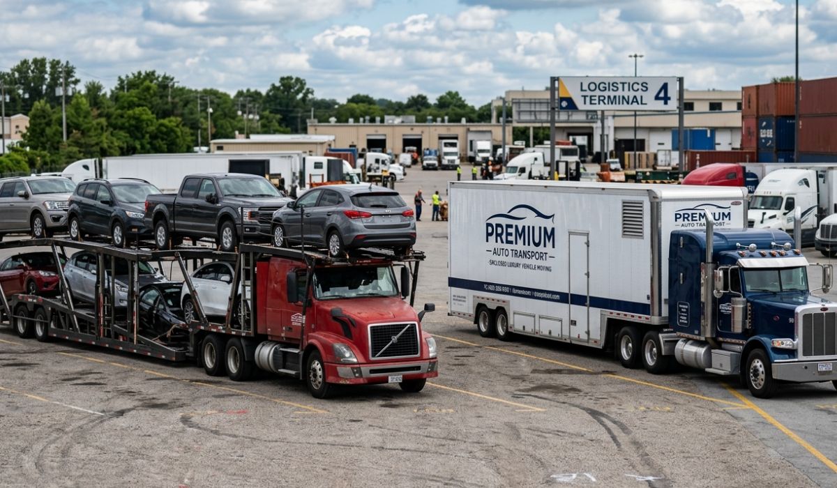 Comparison of open and enclosed car transport to Rhode Island showing transport trailers, vehicle protection levels, and shipping options