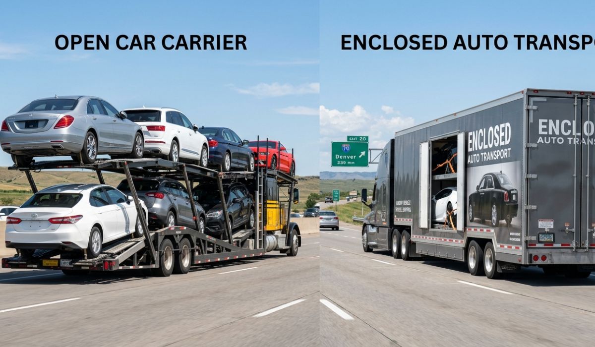 Comparison of open car carrier Illinois and enclosed car transport Illinois showing luxury cars protected during enclosed auto shipping services.
