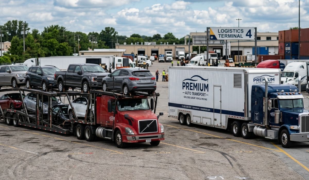 Comparison of open carrier and enclosed California car shipping showing luxury car protection and standard transport methods
