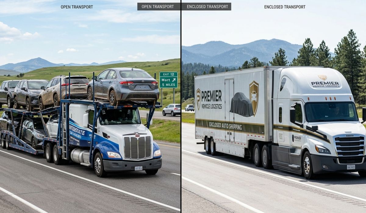 Comparison of open carrier car shipping and enclosed auto transport Michigan Texas showing protection difference for vehicles