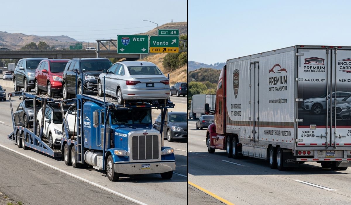 Comparison of open trailer and enclosed auto transport showing luxury and standard vehicle shipping options