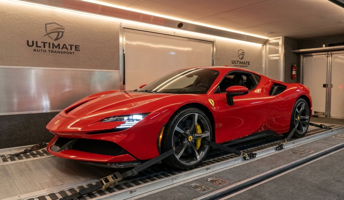 Luxury enclosed trailer securing high-end vehicles for safe and protected Illinois to New York car shipping.