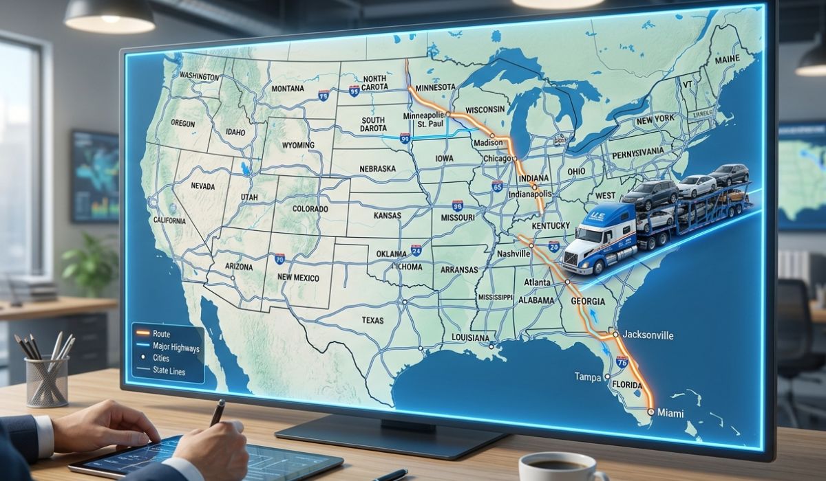 Cross country Lubbock car shipping route connecting Texas with California Florida New York and Colorado