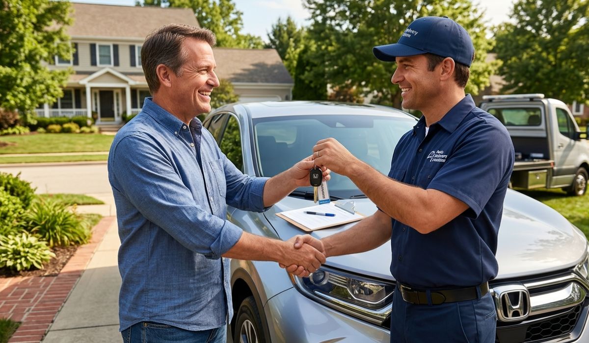 Door-to-door Atlanta car shipping service delivering a sedan safely to residential location
