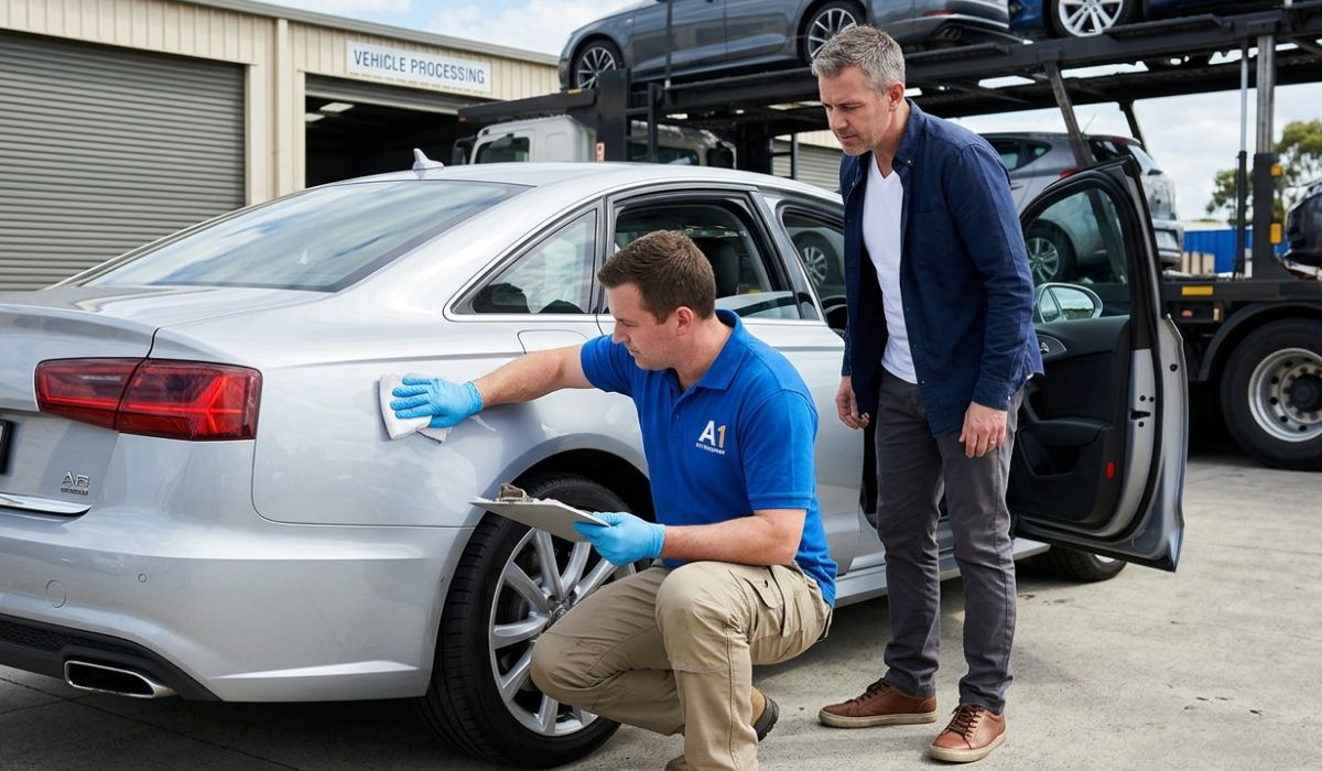 Door to door auto transport Orlando service showing driver inspecting and handing over vehicle at delivery location