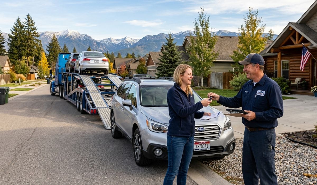 Door to door California car shipping service showing vehicle pickup from home and direct delivery to customer location