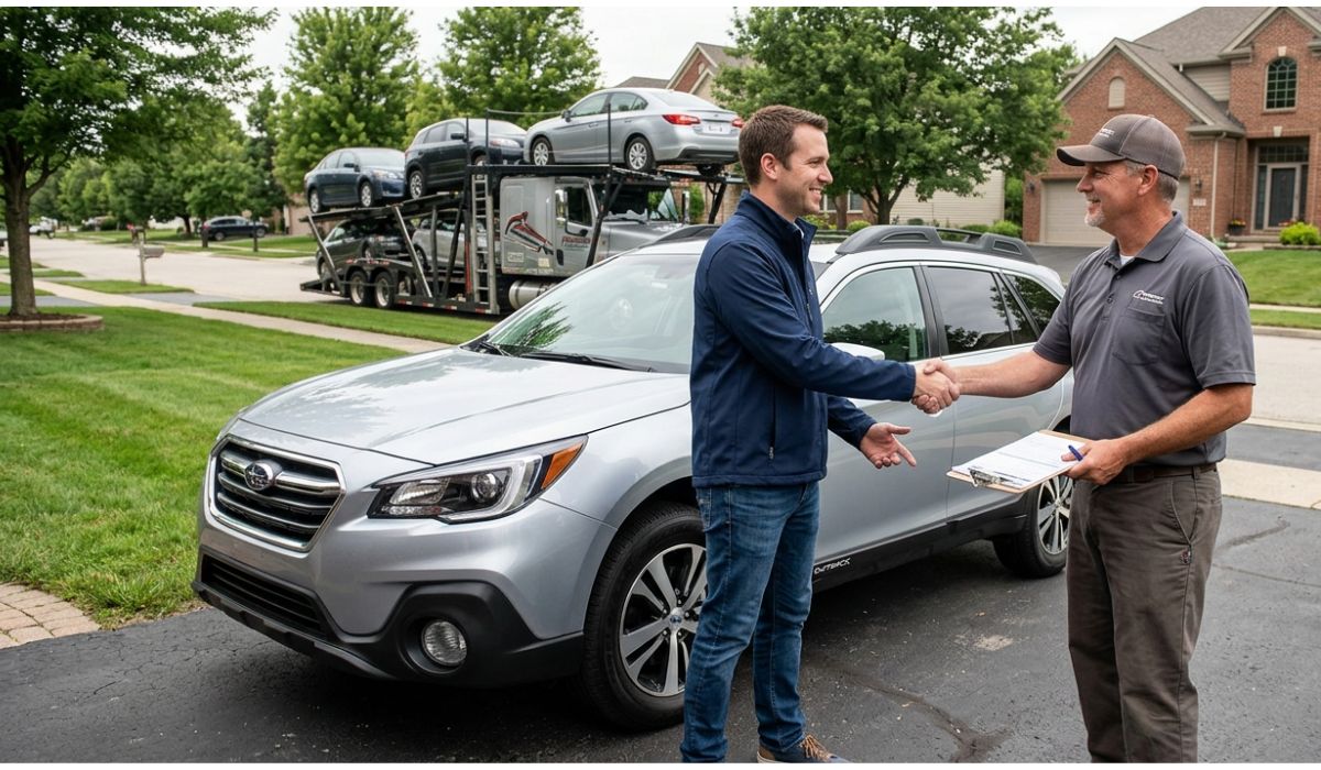 Door-to-door car delivery service unloading vehicle in California after Alaska shipment completion