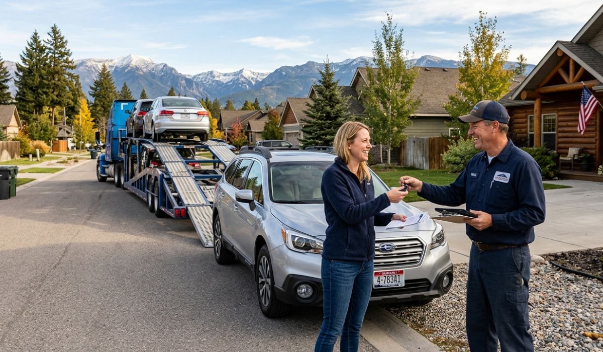 door to door car shipping Eugene Oregon with carrier loading sedan for nationwide auto transport services