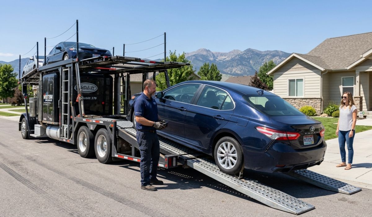 Door to door car shipping Maryland to Florida service showing driver delivering vehicle directly to customer home safely