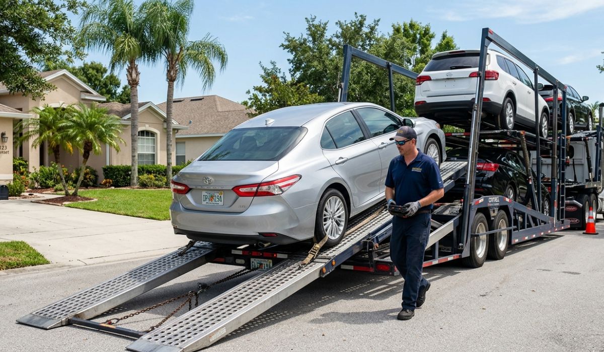Door to door car shipping Missouri service showing vehicle pickup from residential home in Kansas City