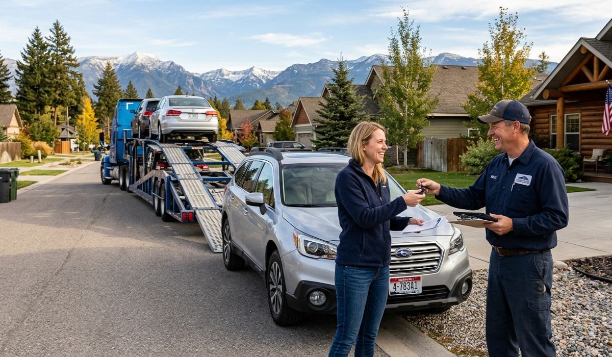 Door to door car transport to Rhode Island service showing vehicle pickup from home location and direct delivery using professional carrier truck