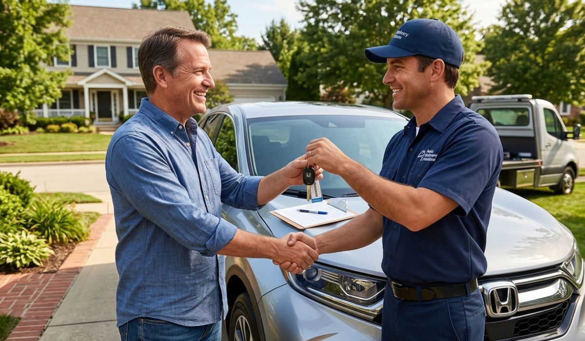 Door to door Kentucky car shipping delivery showing driver handing over vehicle safely at customer location
