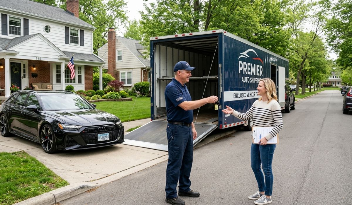 Door to door Michigan to Texas car shipping service with professional driver loading car at residential pickup location