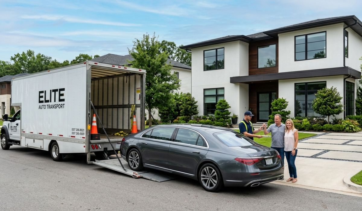 Door to door Texas car shipping service showing vehicle pickup from home with SpeedComd transport truck