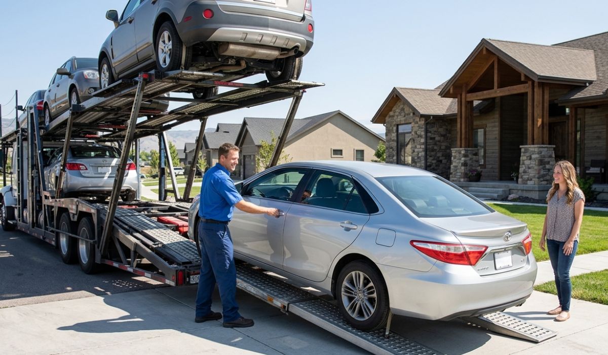 Door-to-door Texas to Florida car shipping service with professional auto carrier loading a vehicle in Texas