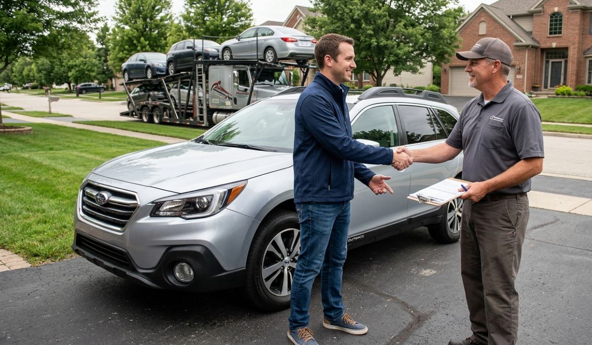 Door-to-door vehicle transport Chicago showing pickup location and vehicle inspection before shipping