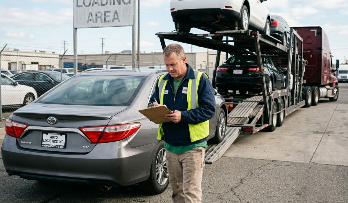 Door to door West Virginia auto transport service with professional driver inspecting car before shipment