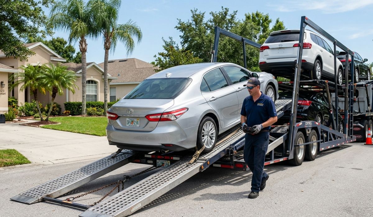 Door to door Wisconsin car shipping pickup service with professional driver inspecting vehicle before loading