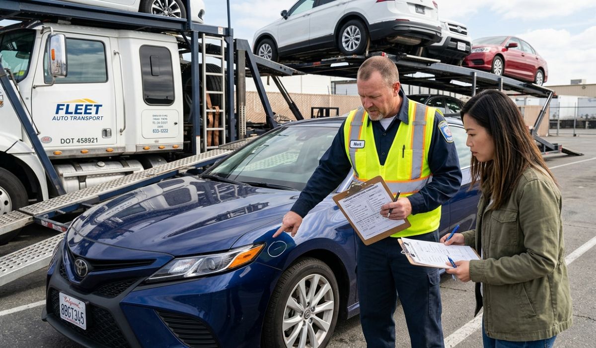 Driver inspecting car condition before Santa Cruz car  shipping with checklist and photos for insurance documentation.