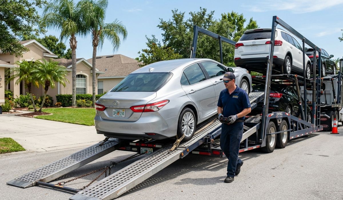 Driver loading a car onto transport truck at residential home in Nevada