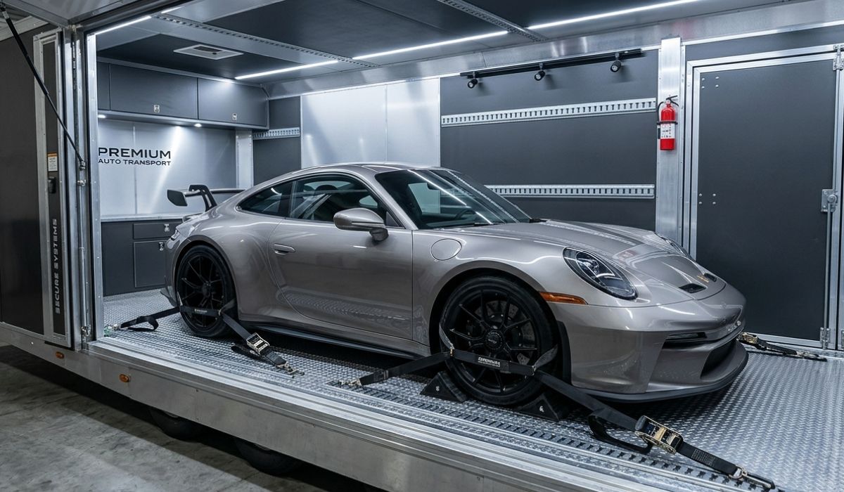 Enclosed auto transport trailer safely carrying luxury and classic cars for San Francisco Car Shipping services
